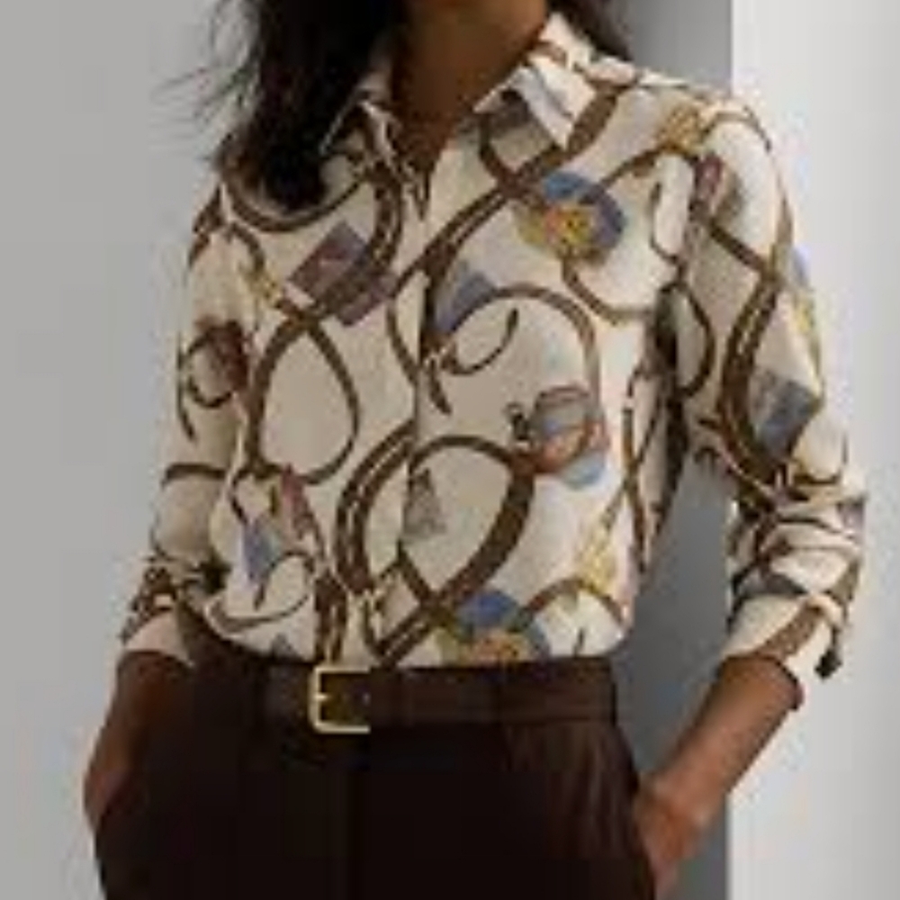 Lauren Ralph Lauren Cream Button-Down Shirt with Brown & Blue Chain Print